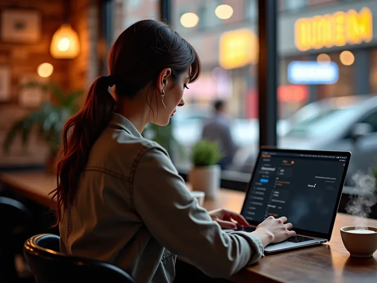  realistic images 、 coffee is on the table 。Back view of a woman working on a computer in a cafe with an urban atmosphere 。Back view of woman working on laptop