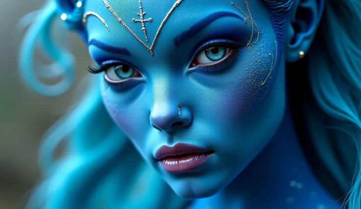 a beautiful alien blue queen with long hair. close picture