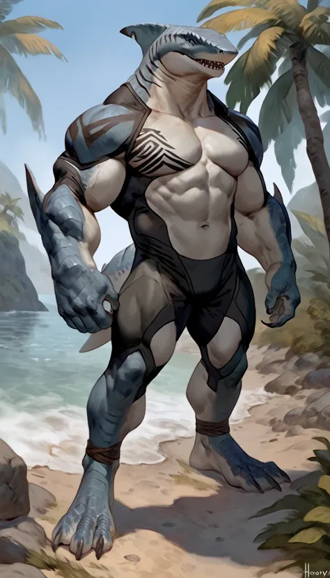 sharkman, gray belly, black and blue hands and fins, black back, solo, big arms, bara, detailed smooth skin on abs, lizard shark hybrid, anthro, closed mouth, tribal shark tattoos on the body, detailed scales, scalie arms, muscular, thick scales on arms an...