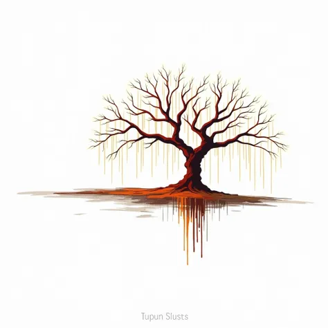 A dramatic, stylized illustration of a weeping willow tree. The trees silhouette is dark against a dark background, with its branches and leaves rendered in vibrant, fiery orange and reddish hues, suggesting a fiery or dramatic sunset or sunrise. The branc...