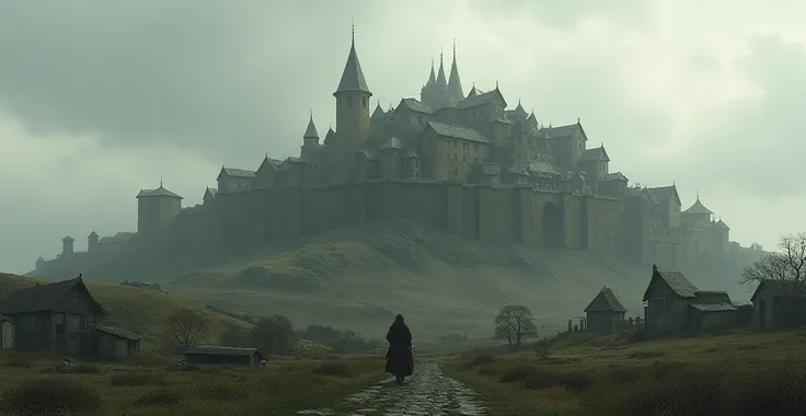 an ancient city, made of stone, hay and wood, On top of a hill seen from afar ,  a gray sky with clouds and hazy.