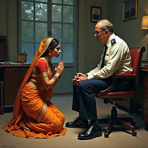 Hindu woman wearing bharathanatyam dance dress worshipping black leather boots of British police man sitting on an office chair. Hindu girl kneel down and  touching his boots..
