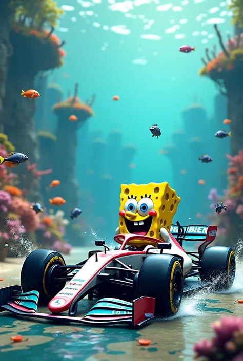 SpongeBob SquarePants in a Mercedes F1 on a circuit in the ocean 