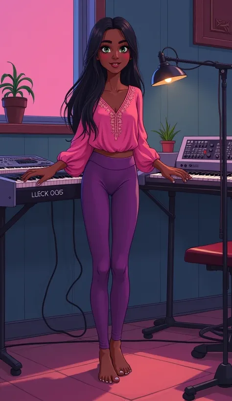  realistic illustration,  A beautiful indian dark skinned teen girl, long straight hair, standing, pink embroidered indian blouse and purple short tight yoga pants, playing synths , barefoot practising on a recording studio, empty synths and keyboard set o...