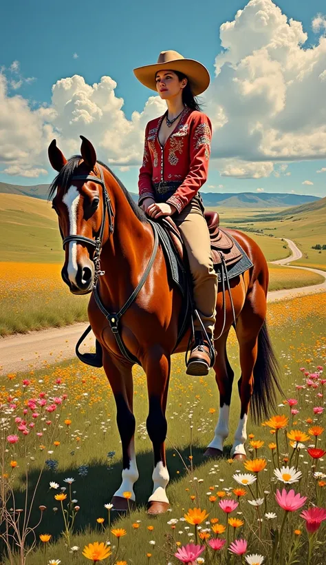 very fine and detailed oil painting of a beautiful woman, wearing a cowboy suit, setting on a horse, on road, beautiful colorful wildflowers meadow in background, in style of Gustav Klimt