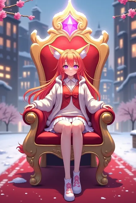 Anime Vtuber model female with bright long red and orange hair with fox ears of the same color as her speed sparkling purple eyes wearing a winter Christmas hooded sweater hat and collar are white red shirt wearing a white short skirt and wearing white sho...