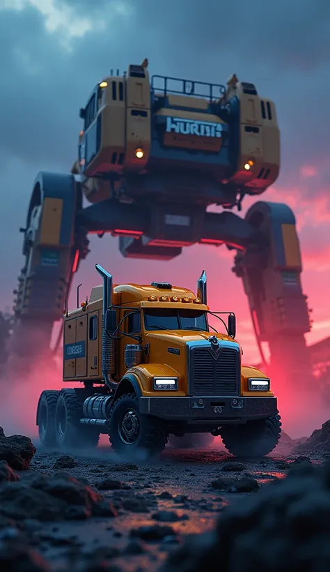 TRUCK VS EXCAVATOR, NIGHT BACKGROUND, REALISTIC, MODERN AND FUTURISTIC ATTRACTIVE GRAPHICS