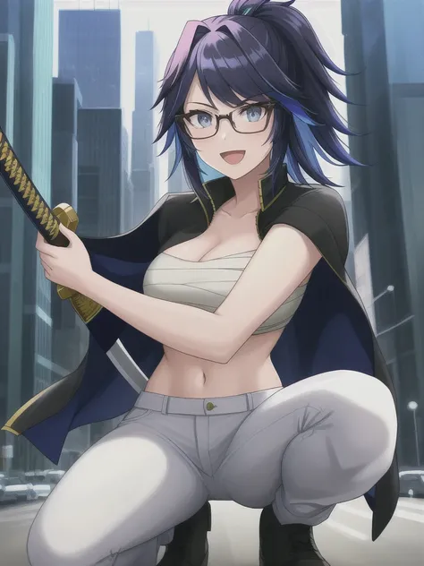 2d, masterpiece, best quality, anime, highly detailed eyes, highly detailed face, perfect lighting, cowboy shot, 1 girl, solo, squatting, smile, happy, open mouth, city background, cityscape, highly detailed background, (kson:1.2), blue eyes, glasses, jack...