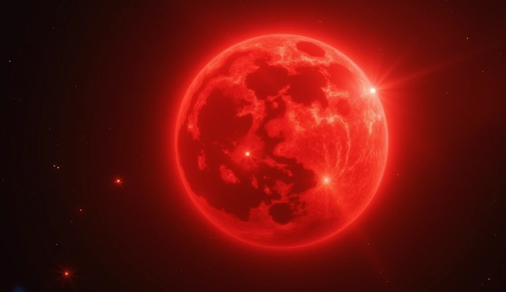 "A massive red giant star, radiating a soft, crimson light, dominating the cosmic canvas. Its surface appears cooler, with swirling textures and a vast, bloated appearance. The surrounding space is dotted with smaller stars, emphasizing the giants immense ...