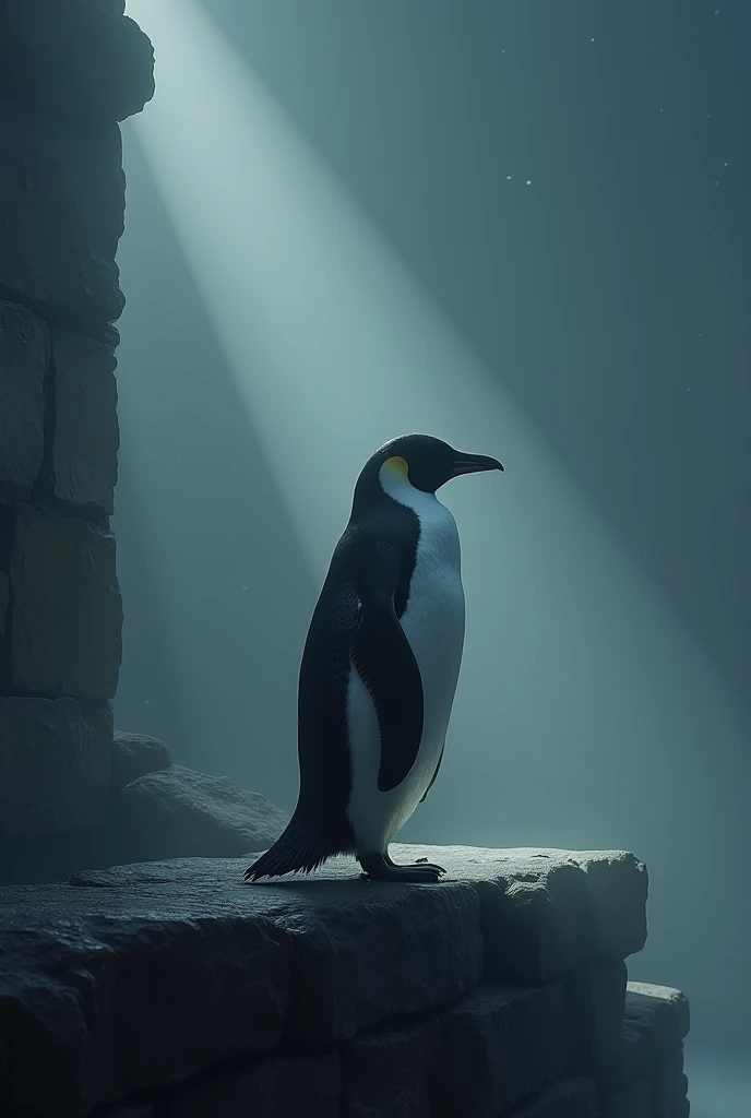 A penguin propped up on a wall at night with fog