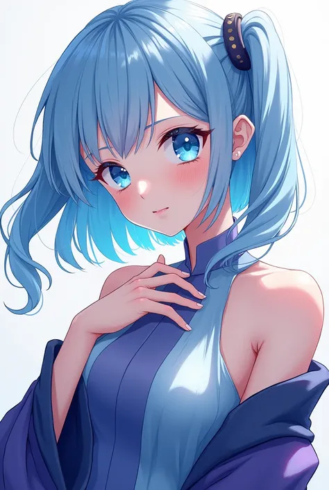 Anime,anime style,like a real anime character,a young  with light blue hair and ocean blue eyes wearing a blue-light blue-purple dress and a small waist length dark blue robe to her hand and back