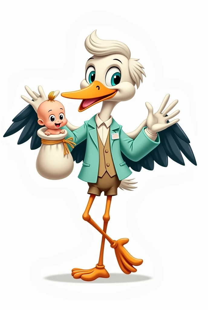 Create a logo of a stork mascot with one wing open wide in a welcoming pose and the other wing holding a stick over its shoulder with a sack. The sack is tied at the top and contains a smiling baby peeking out. The stork should be wearing a mint greenish-b...