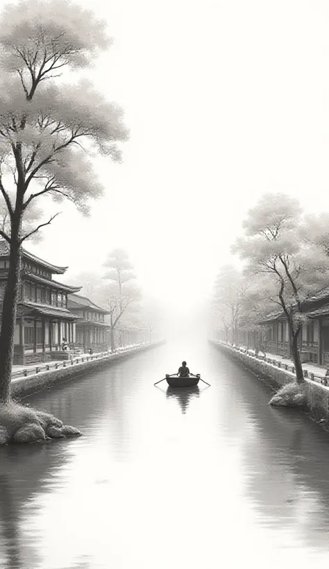 I wrote it with only ink　 Edo Period Scenery　 Edo Period Buildings　tree　Boat going down the river 