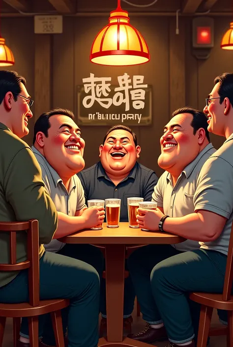 Draw a picture of four fat men and one gay drinking. Be sure to write the words "2025 Hoegi-dong Drinking Party" in the picture.