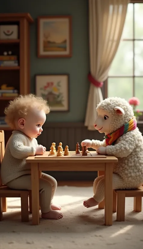  A baby up to two years old , Ultra Realistic, And a super cute baby sheep , também Ultra Realistic,  sitting opposite each other ,  playing chess on a sturdy wooden table . the baby,  with very fine blonde hair and incredibly detailed skin ,  is on a low ...