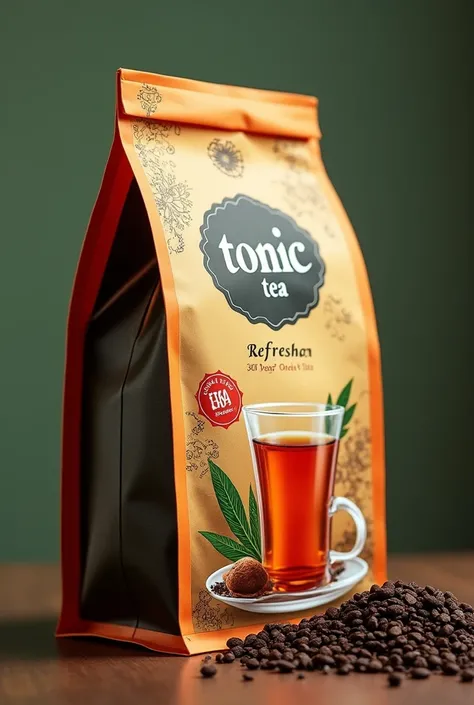 A picture for a tea pouch including following things
Name of brand should be tonic tea in unique font
Slogan "Refreshment in Every Sip"
"Black orthodox tea" should be written under slogan in some highlighted form
The theme of the template should give the v...