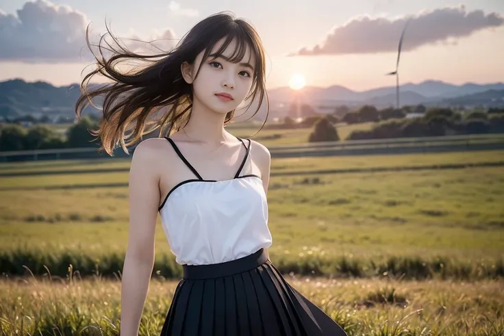 ( girl wearing a white shirt and black skirt :1.3)、bangs,   very cute日本の女の子、 (A faint smile:1.3)、(Hair shines:1.3)、((Panty stains)),   short pleated skirt  、  shooting from below、  Beautiful Delicate Eyes 、(最   High Quality   ,  masterpiece  :1.2), 最   Hig...