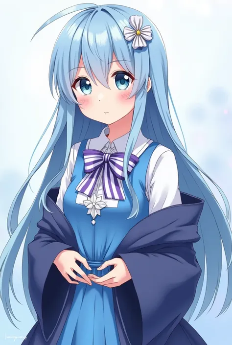 Anime,anime style,like a real anime character,a young  with light blue hair and ocean blue eyes wearing a blue-light blue-white dress and a small waist length dark blue robe to her hand and back,and a white-blue-purple bow on hdr chest