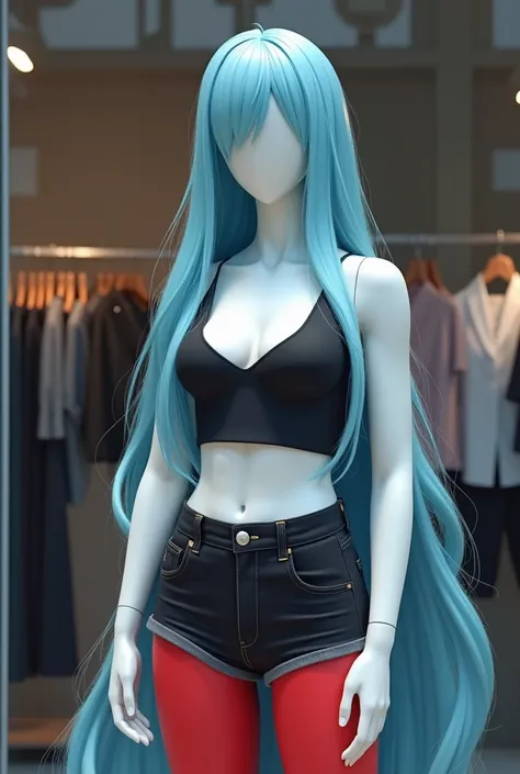 Stylish and smooth 2d style anime mannequin soft white Faceless mannequin,Faceless,with a black sports suit, She also wears a long-haired cyan blue wig.. ., Sensual and open, showing excess skin. black denim shorts,Red thigh high stockings,black sports top...