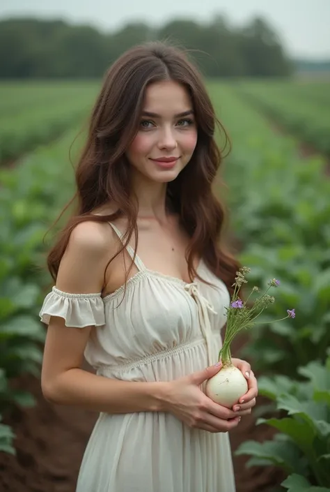 A gorgeous russian woman with fair complexion and brunette hair. She is wearing light lavender shirt with dark green trousers. She is holding a light violet round turnip . She has a youthful face and looking at the camera and smiling. The background is a t...