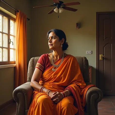 "The A middle-aged Indian woman with a stern expression, dressed in a traditional saree, with neatly tied hair and simple jewelry, symbolizing her role as a mother-in-law in a traditional Indian household, sitting alone, looking worried and deep in thought...