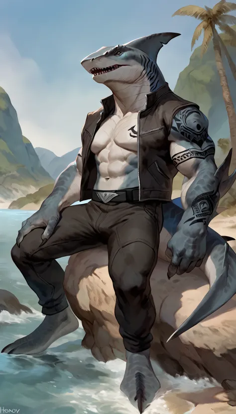 sharkman, gray belly, black and blue hands and fins, black back, solo, big arms, bara, detailed smooth skin on abs, lizard shark hybrid, anthro, closed mouth, tribal shark tattoos on the body, detailed scales, scalie arms, muscular, thick scales on arms an...