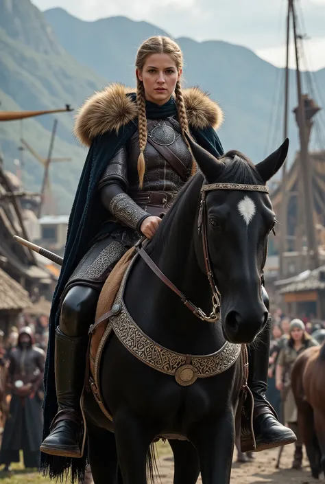 Viking Woman with a black Arabian horse in a Viking city