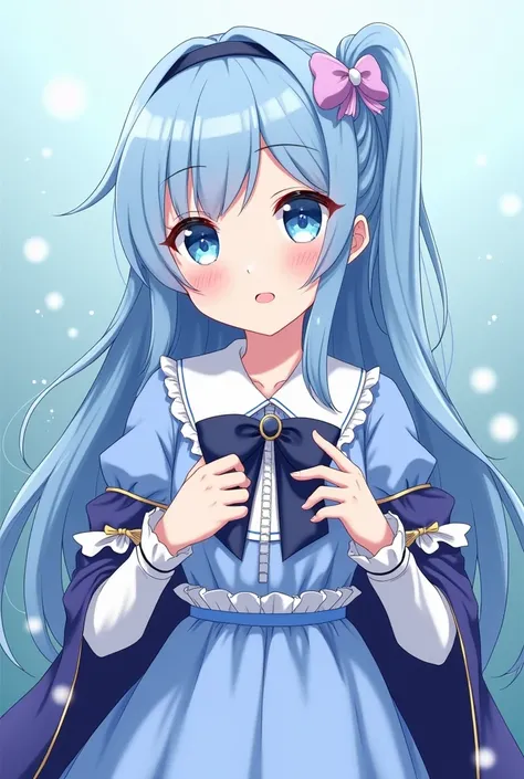 Anime,anime style,like a real anime character,a young  with light blue hair and ocean blue eyes wearing a blue-light blue-white dress and a small waist length dark blue robe to her hand and back,and a white-blue-purple bow on hdr chest