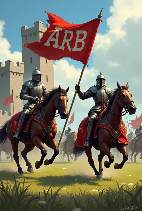 Soldiers on horses jousting in the Middle Ages carrying a flag that says ARB