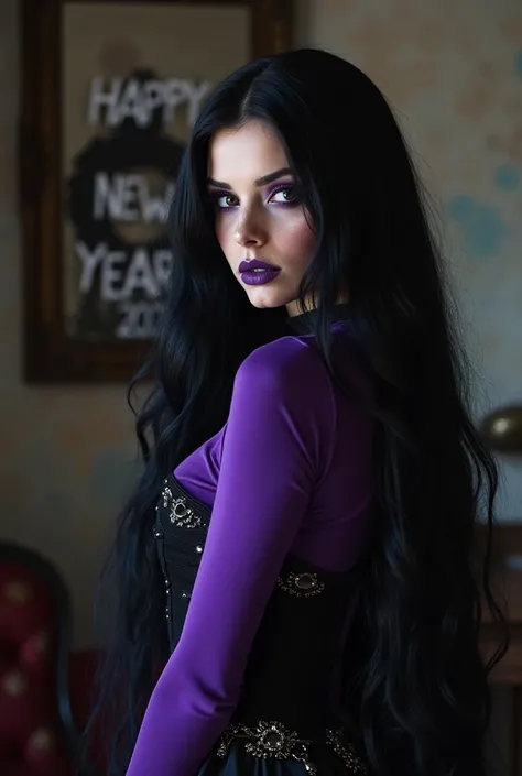  The portrait of a beautiful Gothic woman with very long black hair,  purple makeup  , purple lips , Purple top, short black skirt with metallic ornaments ,  in a dreary room ,   with a sign that says HAPPY NEW YEAR 2025 