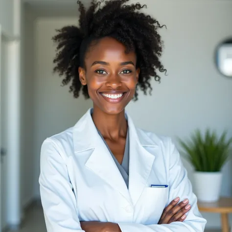 A young African American female doctor with curly hair wearing a white coat and smiling