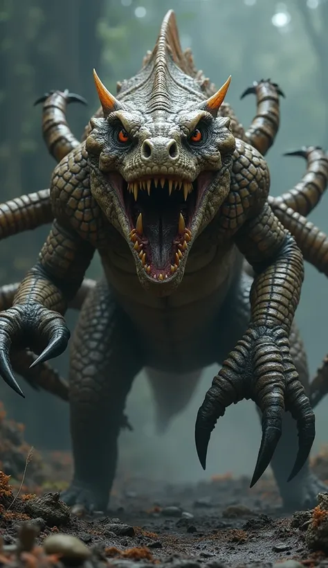 create a hybrid version where features of the A komodo dragon  and deathstalker scorpion  are combined into a single, seamless entity with a monstrous dangerous appearance and background intense their expression.
