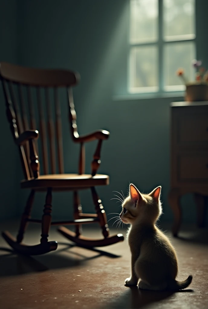 The kitten stares at the rocking chair where the old woman used to sit, crying for her.
"Dreams of the Past": The kitten