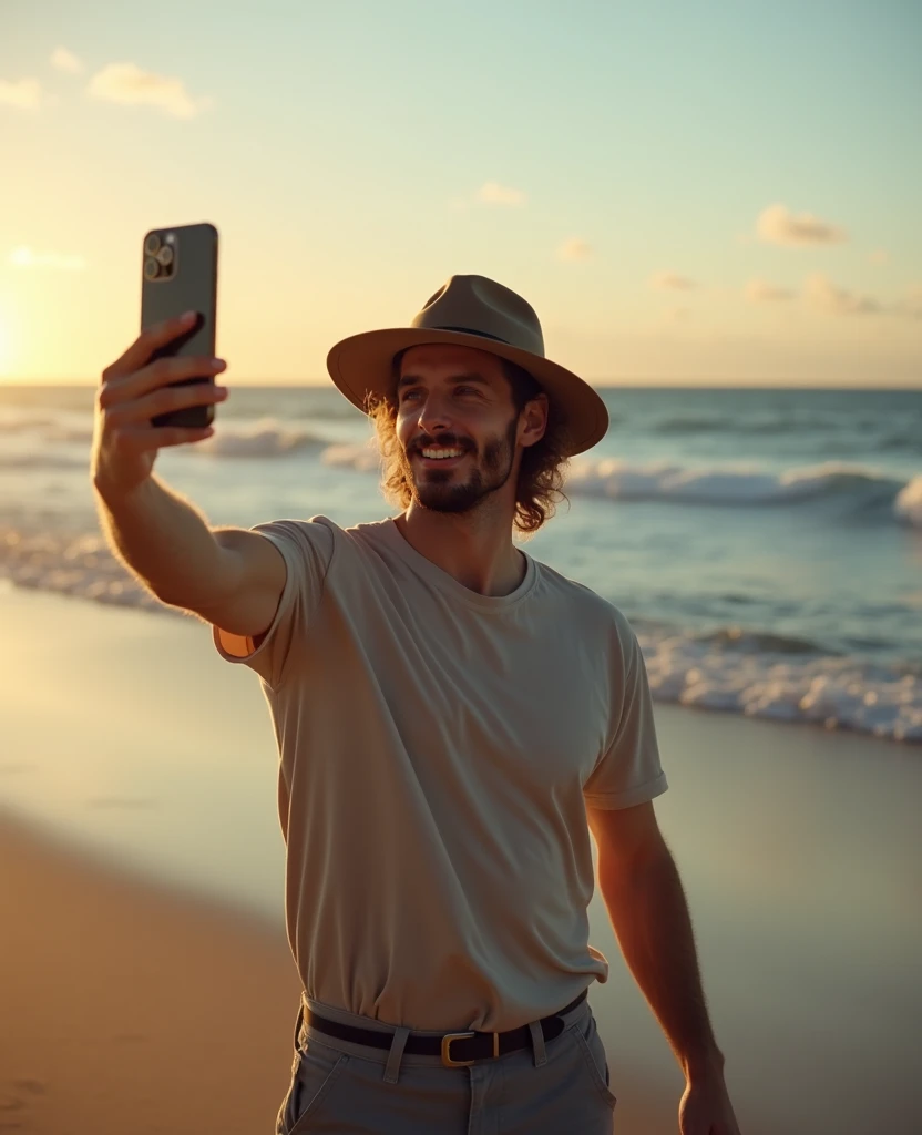 A dark blonde man wearing a hat on the beach takes an iPhone selfie