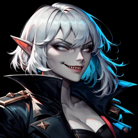 one woman, briar from league of legends, (pale skin, grey skin:1.3), pointy ears, sharp teeth, (pale eyes:1.2), white hair, straight bangs, (upper body:1.3), (black background, clear background:1.5), (black military jacket:1.2), (studio lights, deep shadow...