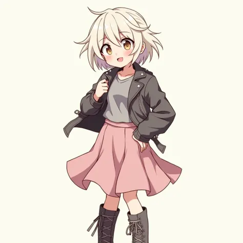 1girl, 20 old, Short, bleached hair, often dyed random colors. Light brown eyes, enthusiastic, punk/laid-back style, (leather jacket, flared skirt pink, combat boots), simple background, high detailed, soft anime style illustration