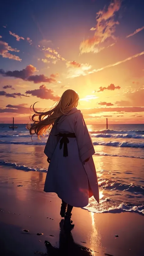 １people々々々々々々々々々々々々々々々,Blonde long hair woman，  long coat，   dress silhouette，   rear view，   anime style ,   evening  ， sunrise，  Beach  ，