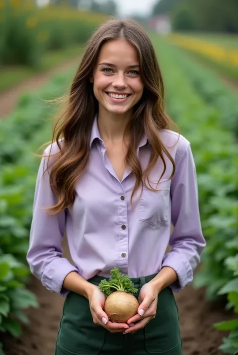 A gorgeous russian woman with fair complexion and brunette hair. She is wearing light lavender shirt with dark green trousers. She is holding a turnip . She has a youthful face and looking at the camera and smiling. The background is a turnip garden. 