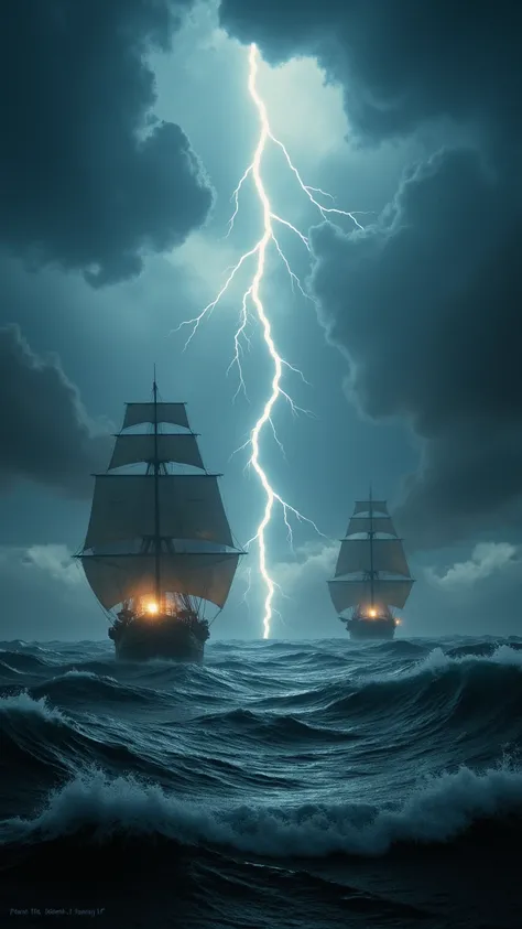 In the midst of a tempest, realistic high details, ships glide smoothly toward the camera, their silhouettes framed against the darkened sky. As lightning arcs dramatically through the clouds, illuminating the storm’s fury, a fierce battle unfolds. Wind-dr...