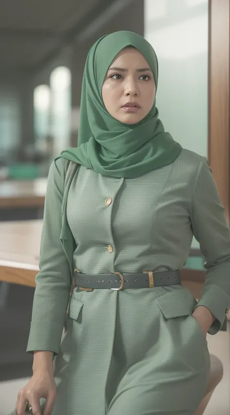 Beautiful fair skin matured malay girl in hijab seating in meeting room angry, 45 years old, milf, angry pose, angry face, meeting room, morning, wearing hijab, pastel color hijab, green office outfit, green suits, small , small breast, flat chest, wide wa...