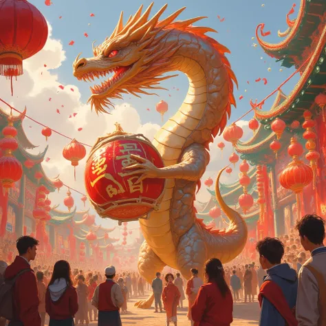 A fantastical illustration that evokes the New Year. Hand-drawn watercolor. Dragon and celebratory drums: A scene of a grand festival to welcome the New Year, with a giant dragon beating a celebratory drum.