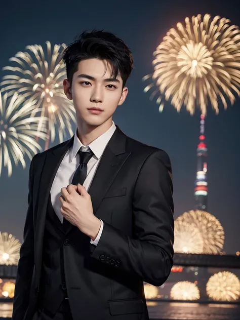 1 Handsome chinese slim guy, 20 years old, undercut short Hair in, black suit, Ogle, Wink, fireworks scene