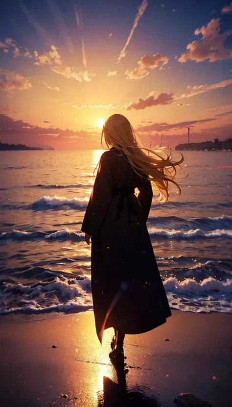 １people々,Blonde long hair woman，   long coat，    dress silhouette，    rear view，    anime style  ,    evening   ， Sunrise，   Beach   ，