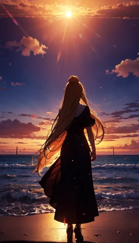 １people々,Blonde long hair woman，  ，    dress silhouette，    rear view，    anime style  ,    evening   ， Sunrise，   Beach   ，