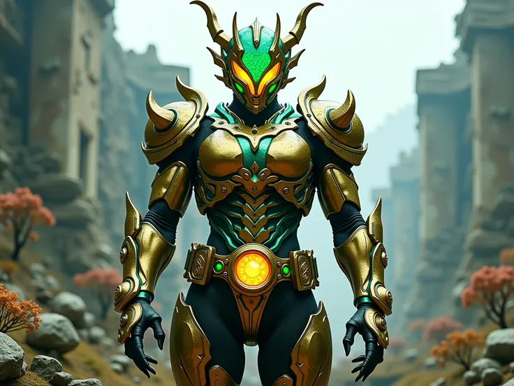 **Prompt**:  
" A Kamen Rider inspired by the concept of prosperity in an apocalyptic world .  Its armor is a fusion of beauty and horror ,  with textures that resemble chaotic and monstrous surfaces .  Twisted and organic metal plates are mixed ,  with lu...