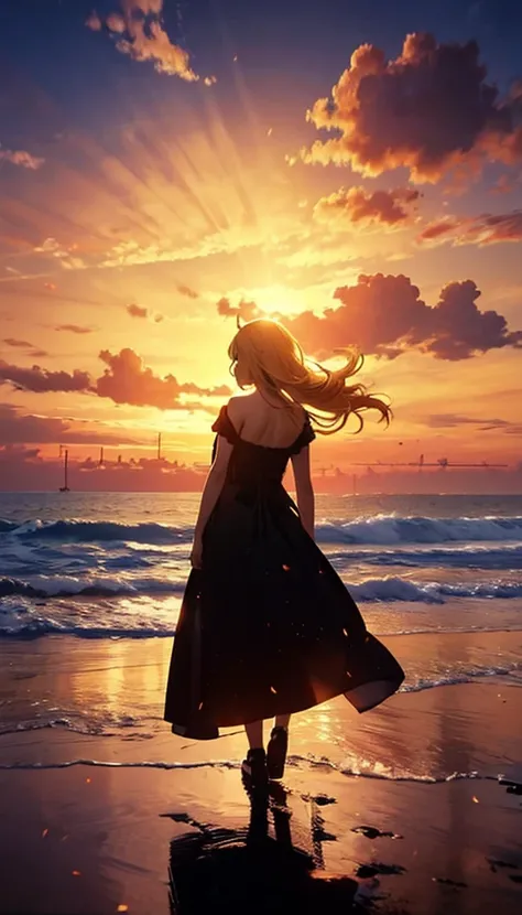 １people々々,Blonde long hair woman，       dress silhouette，     rear view，     anime style   ,     evening    ， Sunrise，    Beach    ，