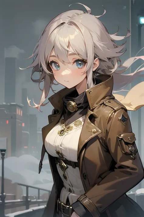 (best quality,cute girl), [Upper body],Steampunk City, Lively, [wind], Winter, Fog, Megalopolis