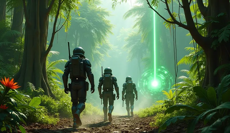 "Galactic soldiers retreating through a dense, vibrant jungle as advanced technology and machinery are overtaken by nature, with green energy beams and Earth’s specialized traps in the background. A mix of futuristic military gear and natures overwhelming ...