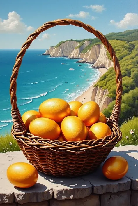 Basket with golden eggs ,  landscape of the French coast in the background ,  make a representative painting of this basket with beautiful tourist landscape in the background , magic,  painted by a professional painter in the modern art style Manuel Fernán...