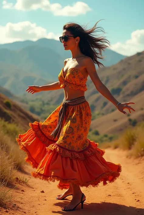 Create a woman dancing Forró wearing dark glasses in Brazils hinterland 